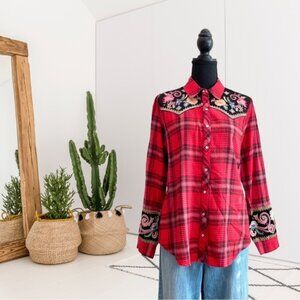 Johnny Was Workshop Esme Plaid Floral Embroidered Western Shirt